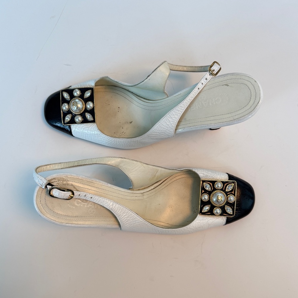 Chanel slingback pumps with jewel + pearl detail